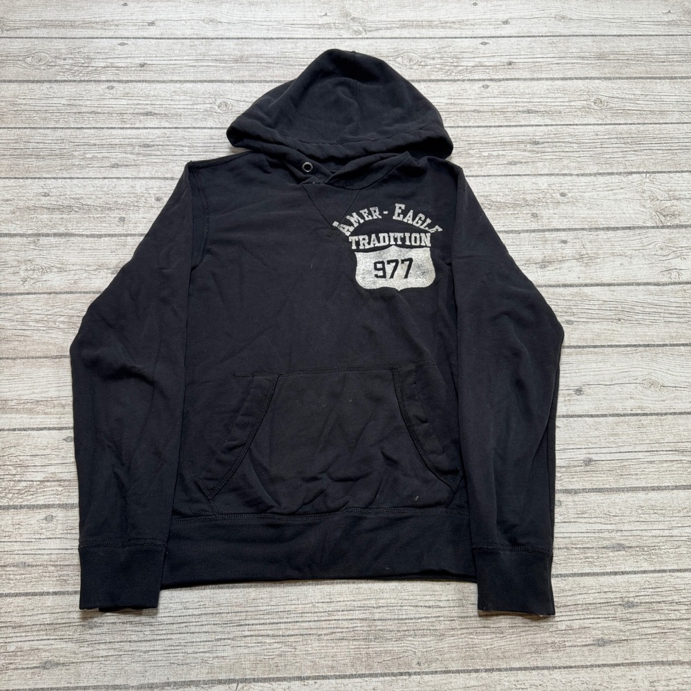 Y2K American Eagle Hoodie Men's Small Black Athletic Graphic Pullover Sweatshirt
